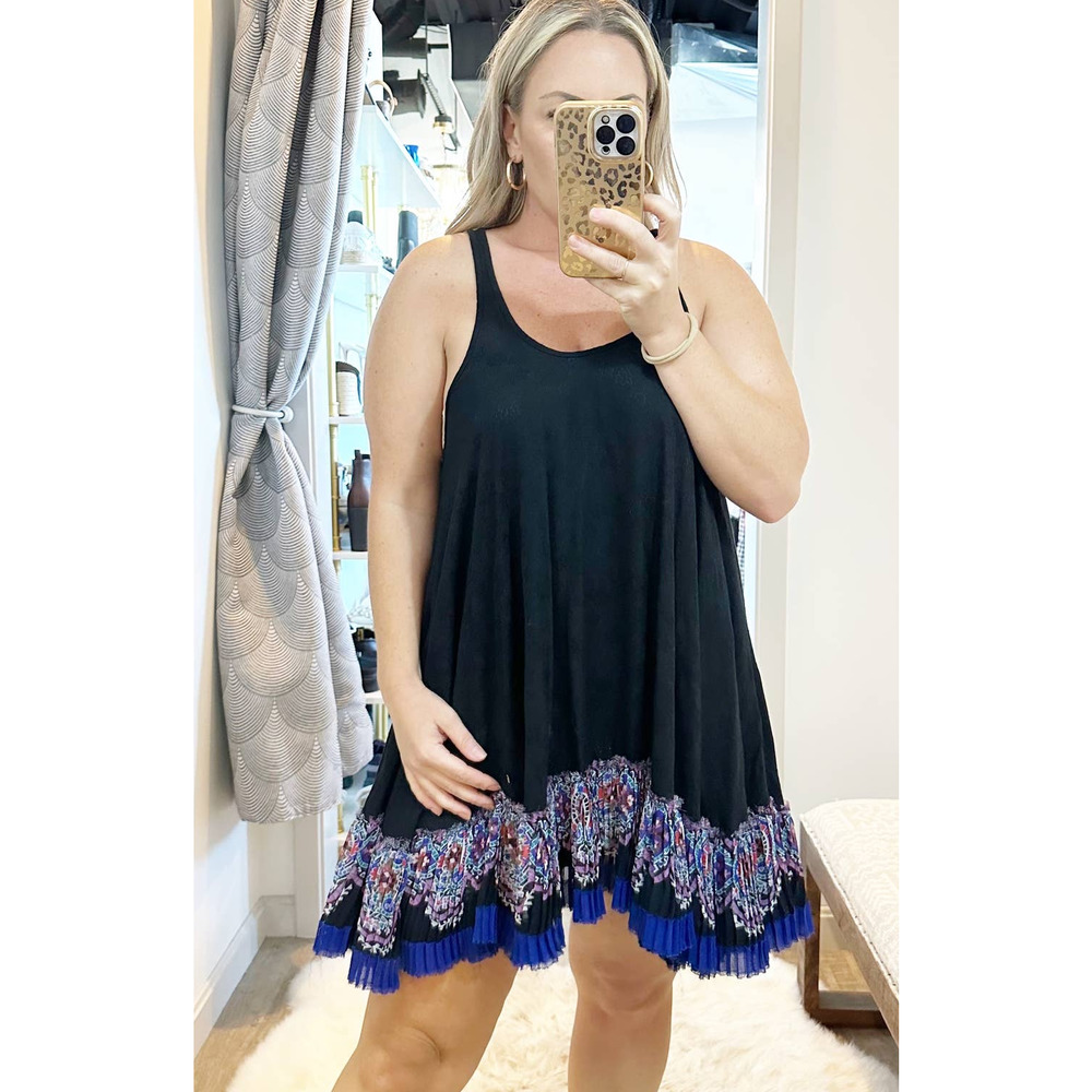 Free People One Cotton Tunic Pleated Raw Hem Mini Dress Black Small